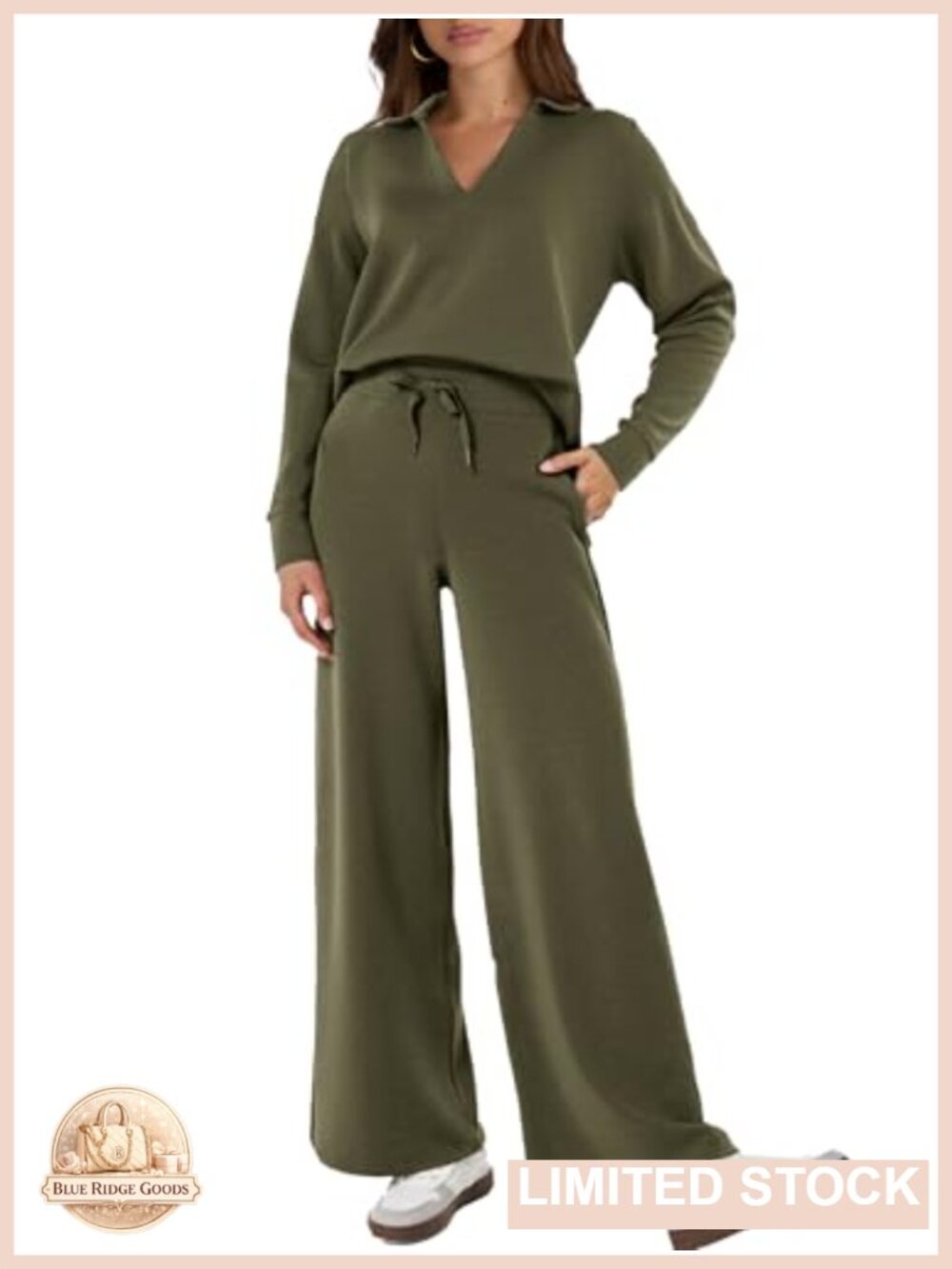 Glamaker Women's 2 Piece Sweatsuit Set Long Sleeve Polo Top Wide Leg Pants